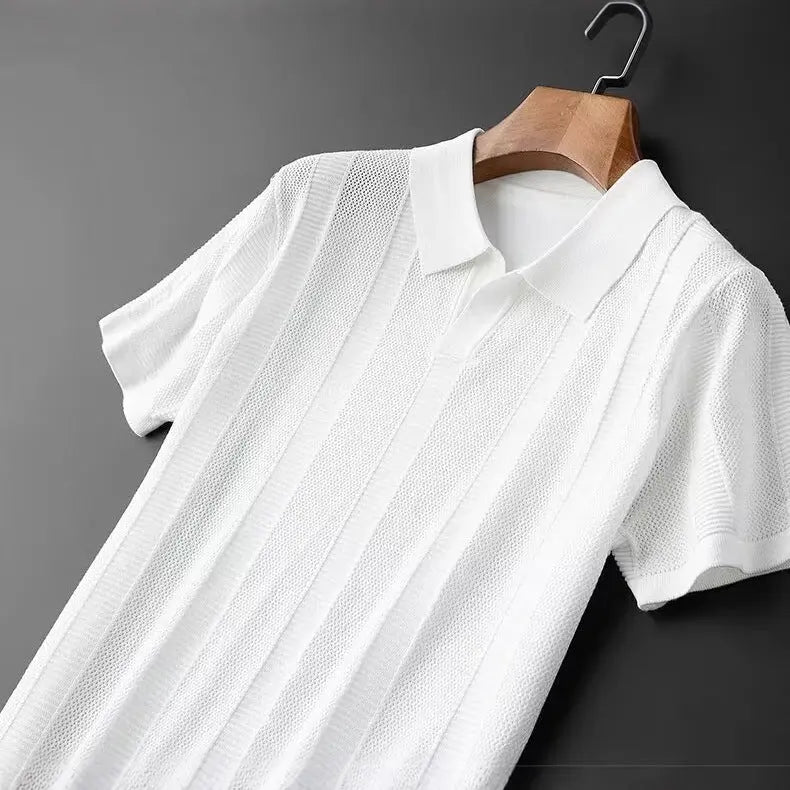 Slim Hollow Knitted Business Casual Men's Lapel T-shirt null