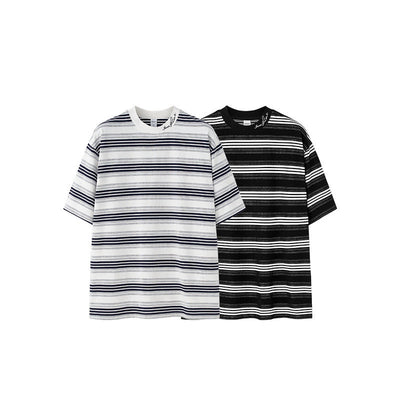 Men's Striped T-shirt Fine Woven Plaid Loose Street Embroidery null