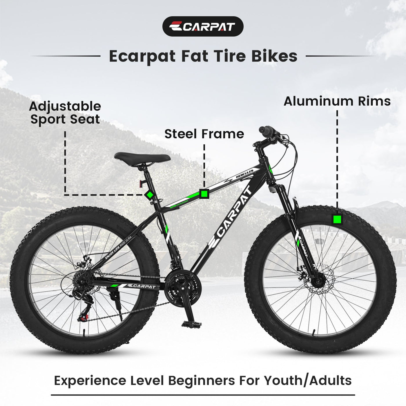 S26109 26 Inch Fat Tire Bike Adult-Youth Full Shimano 21 Speed Mountain Bike, Dual Disc Brake, High-Carbon Steel Frame, Front Suspension, Mountain Trail Bike, Urban Commuter City Bicycle null