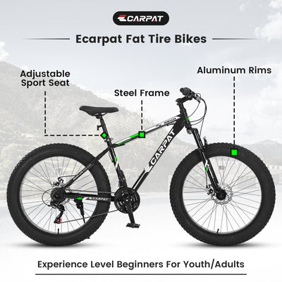 S26109 26 Inch Fat Tire Bike Adult-Youth Full Shimano 21 Speed Mountain Bike, Dual Disc Brake, High-Carbon Steel Frame, Front Suspension, Mountain Trail Bike, Urban Commuter City Bicycle null