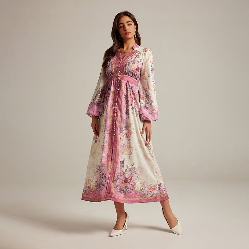 Special Interest Design Style V-neck Vintage Printed Maxi Dress For Women null