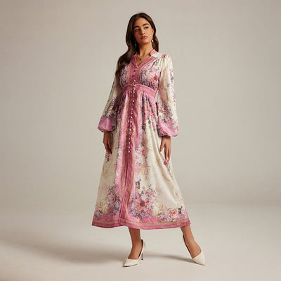 Special Interest Design Style V-neck Vintage Printed Maxi Dress For Women null