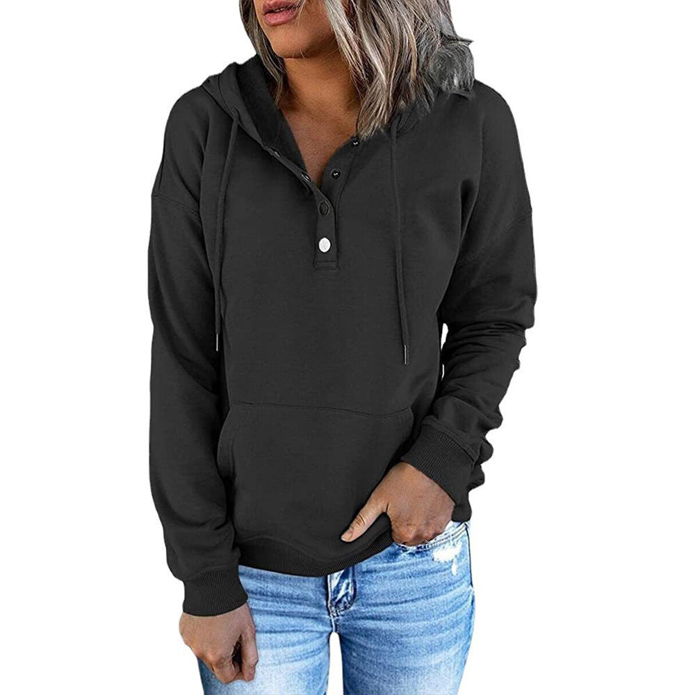 Long-sleeved Hooded Sweatshirt With Pockets Fashion Casual Button Drawstring Design Hoodie Top Spring And Autumn Sports Clothing For Women null