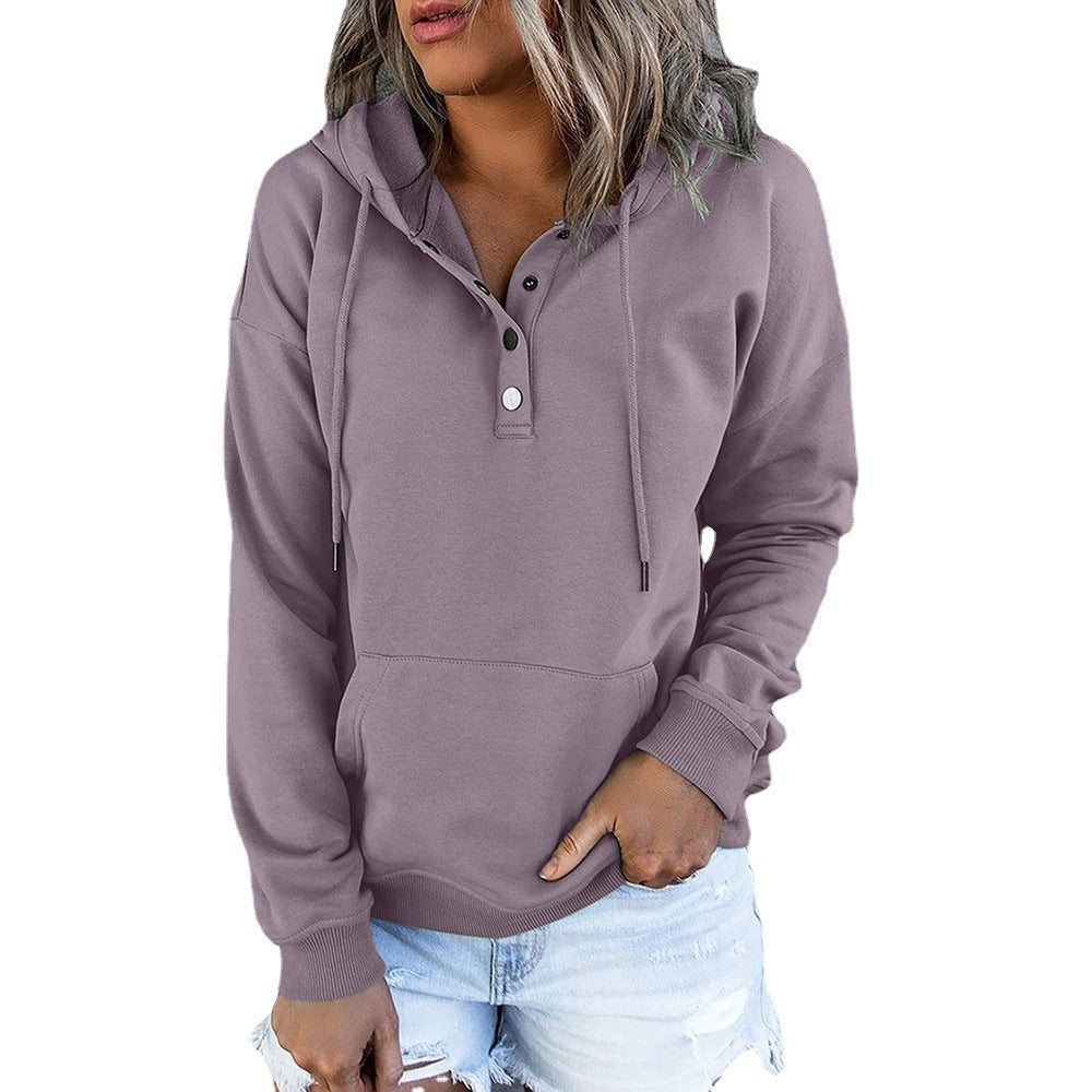 Long-sleeved Hooded Sweatshirt With Pockets Fashion Casual Button Drawstring Design Hoodie Top Spring And Autumn Sports Clothing For Women null