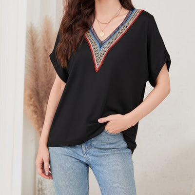 Women's Loose Fit Short Sleeved Breathable Casual Lace V-neck Shirt Top null