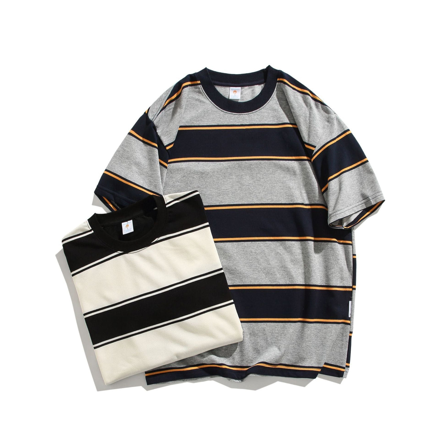 Cotton Round Neck Striped Off-shoulder Short Sleeve null