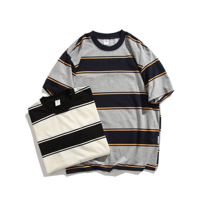 Cotton Round Neck Striped Off-shoulder Short Sleeve null