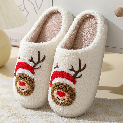 Christmas Home Slippers Cute Cartoon Santa Claus Cotton Slippers For Women And Men Couples Winter Warm Furry Shoes null