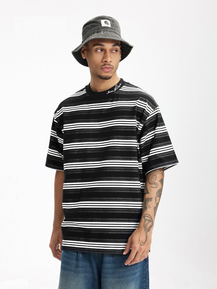 Men's Striped T-shirt Fine Woven Plaid Loose Street Embroidery null