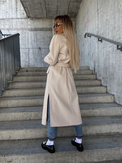 Double-breasted Lapel Split Jacket With Belt Winter Fashion Casual Long Sleeve Button Daily Coats For Women Clothing null