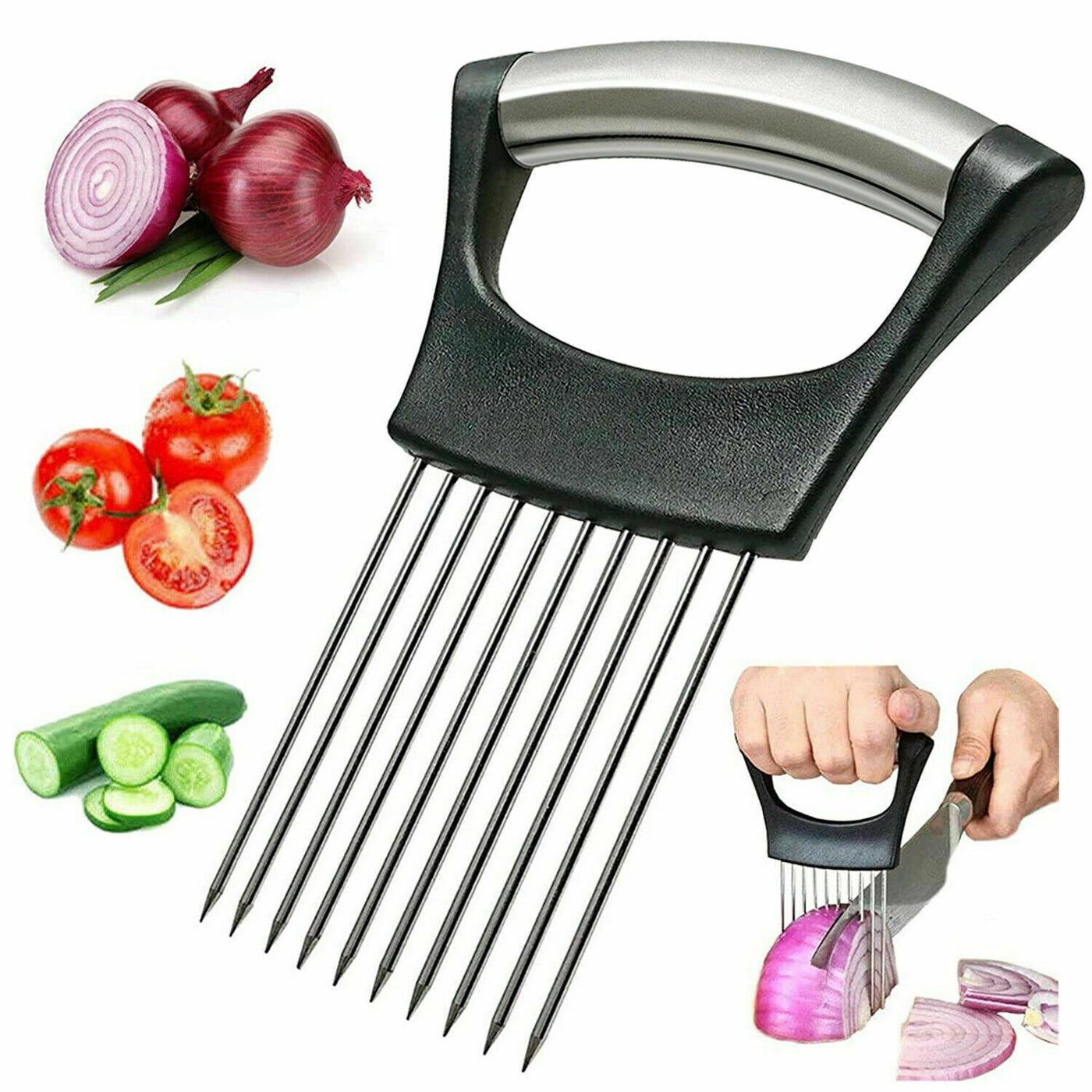 Food Slice Assistant - Stainless Steel Onion Holder Slicer Tomato Cutter NonSlip null