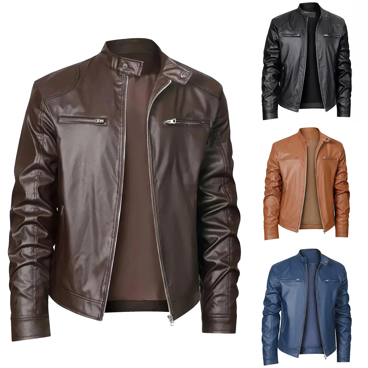Men's Stand-up Collar Slim Fit Leather Jacket Zipper Pocket Decoration null