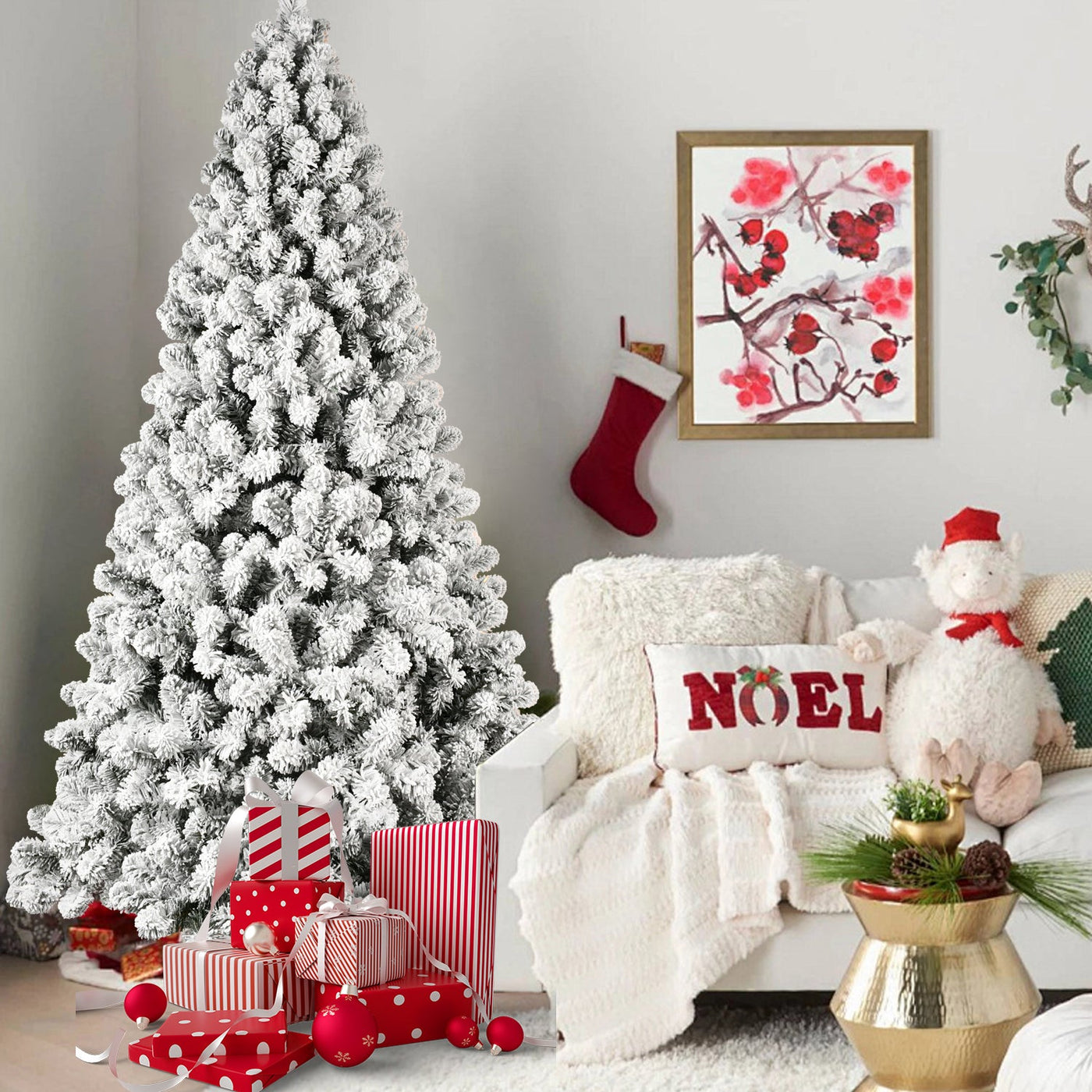 5ft 6ft 8ft 9ft Pre-Lit Flocked Christmas Tree Hinged Artificial Xmas Trees Premium PVC Branches With Lights null