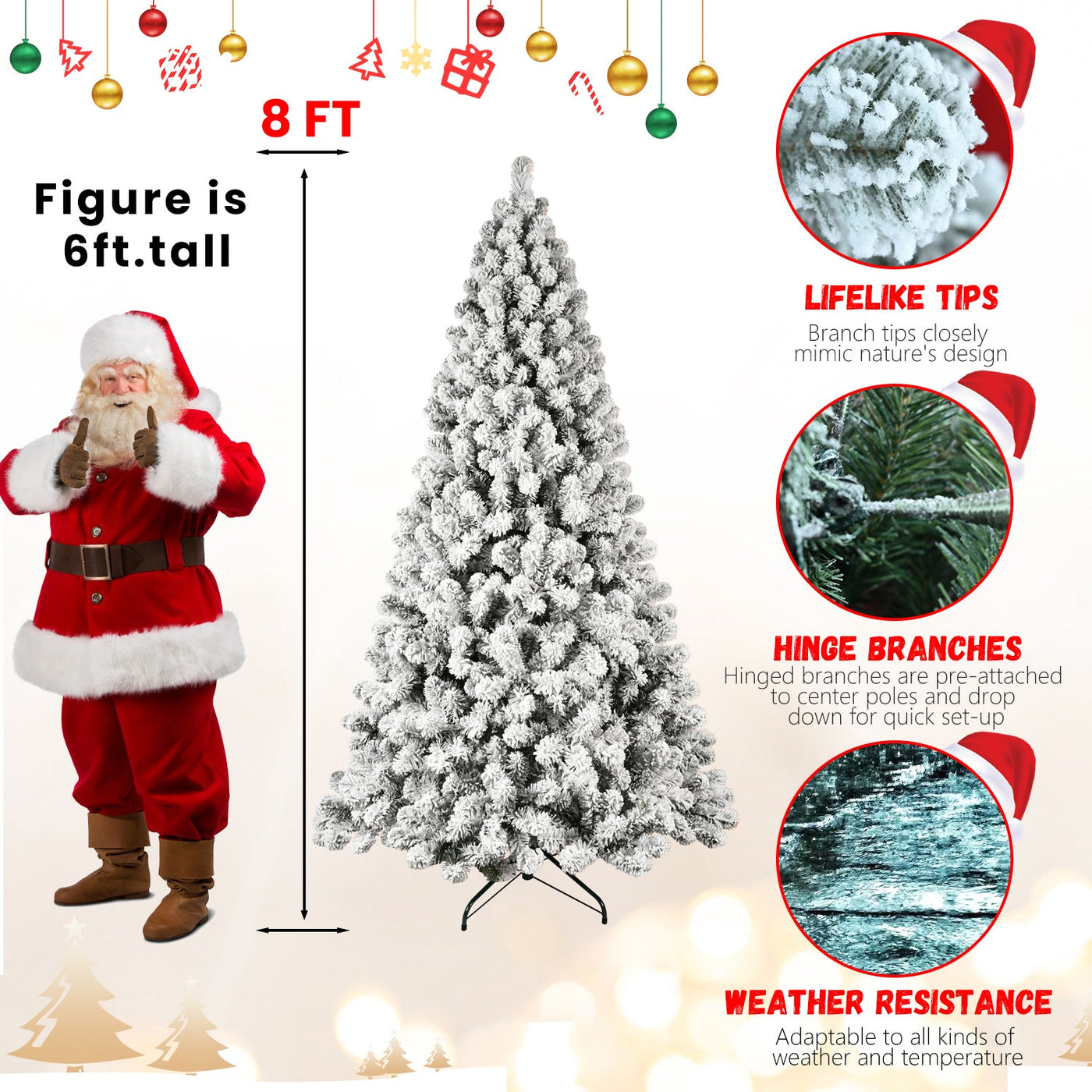 5ft 6ft 8ft 9ft Pre-Lit Flocked Christmas Tree Hinged Artificial Xmas Trees Premium PVC Branches With Lights null