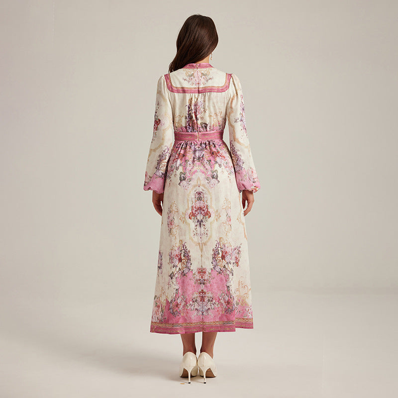 Special Interest Design Style V-neck Vintage Printed Maxi Dress For Women null