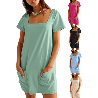 Women's Square Collar Short Sleeve Fashion Short Skirt Pocket Casual Dress null