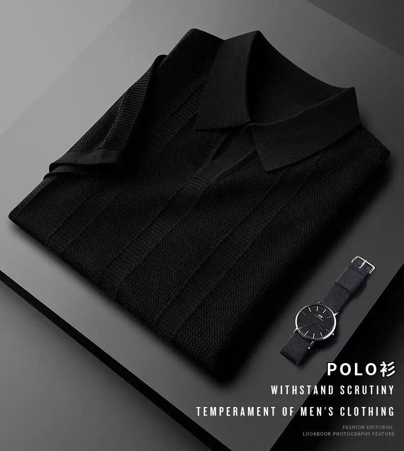 Slim Hollow Knitted Business Casual Men's Lapel T-shirt null
