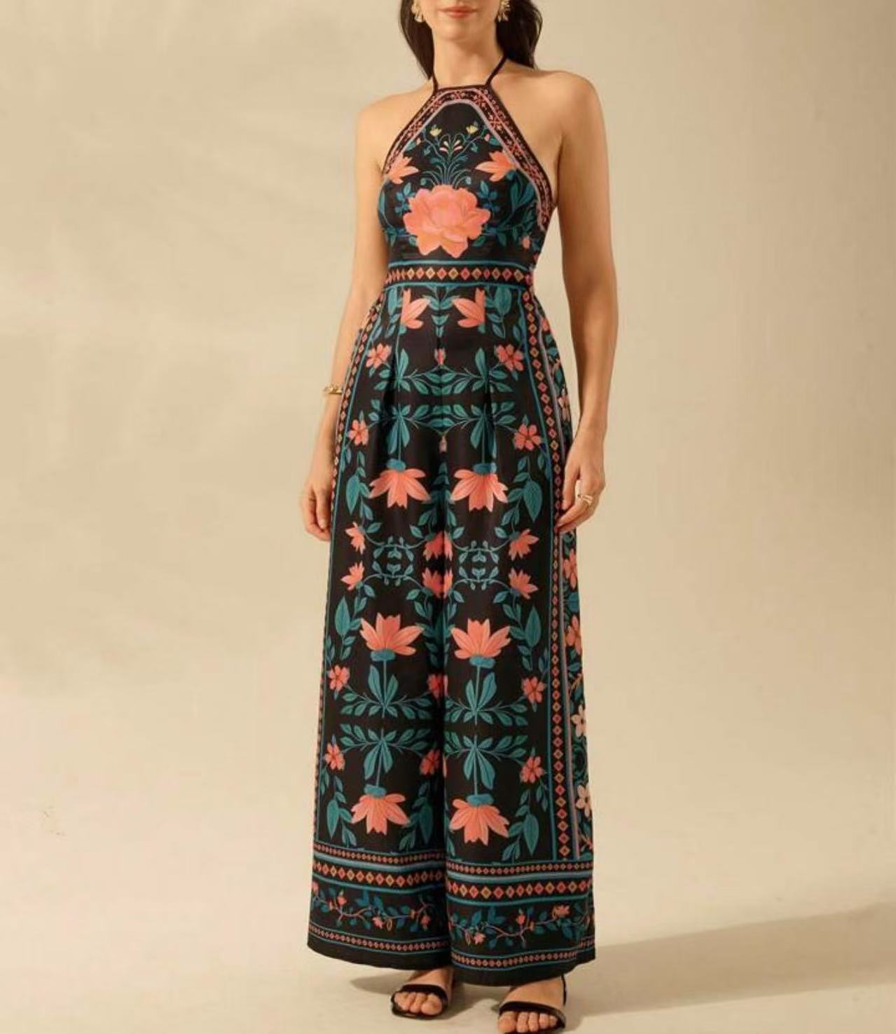 Women's Fashion Printed Sleeveless Halter Wide Leg Jumpsuit null