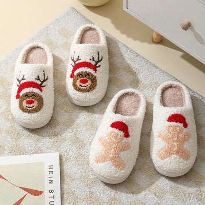 Christmas Home Slippers Cute Cartoon Santa Claus Cotton Slippers For Women And Men Couples Winter Warm Furry Shoes null