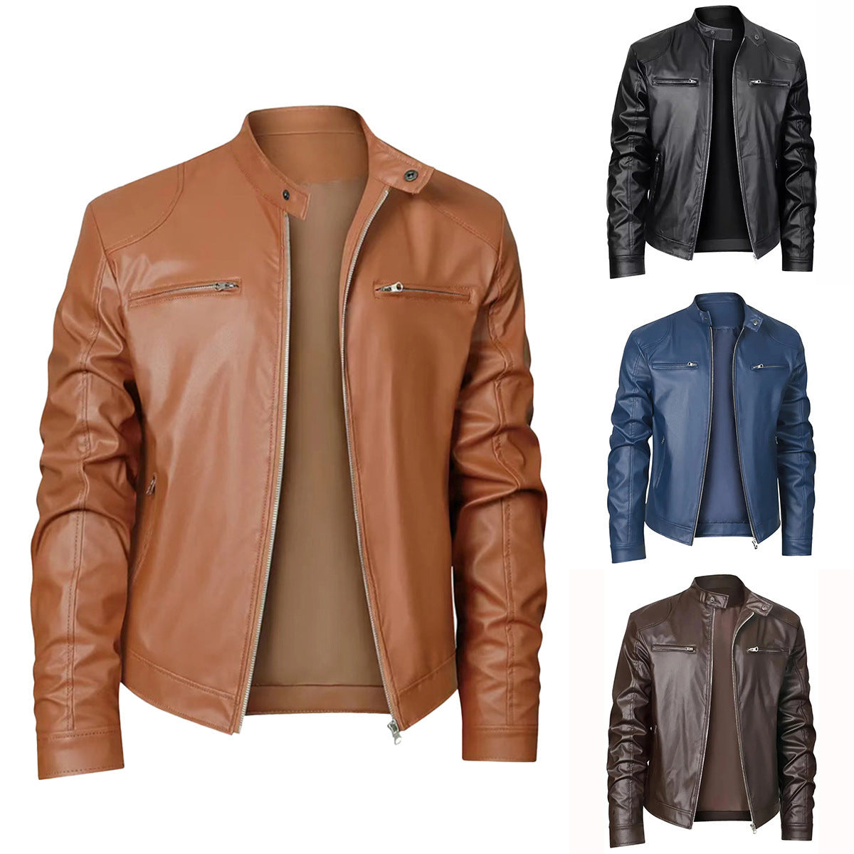 Men's Stand-up Collar Slim Fit Leather Jacket Zipper Pocket Decoration null