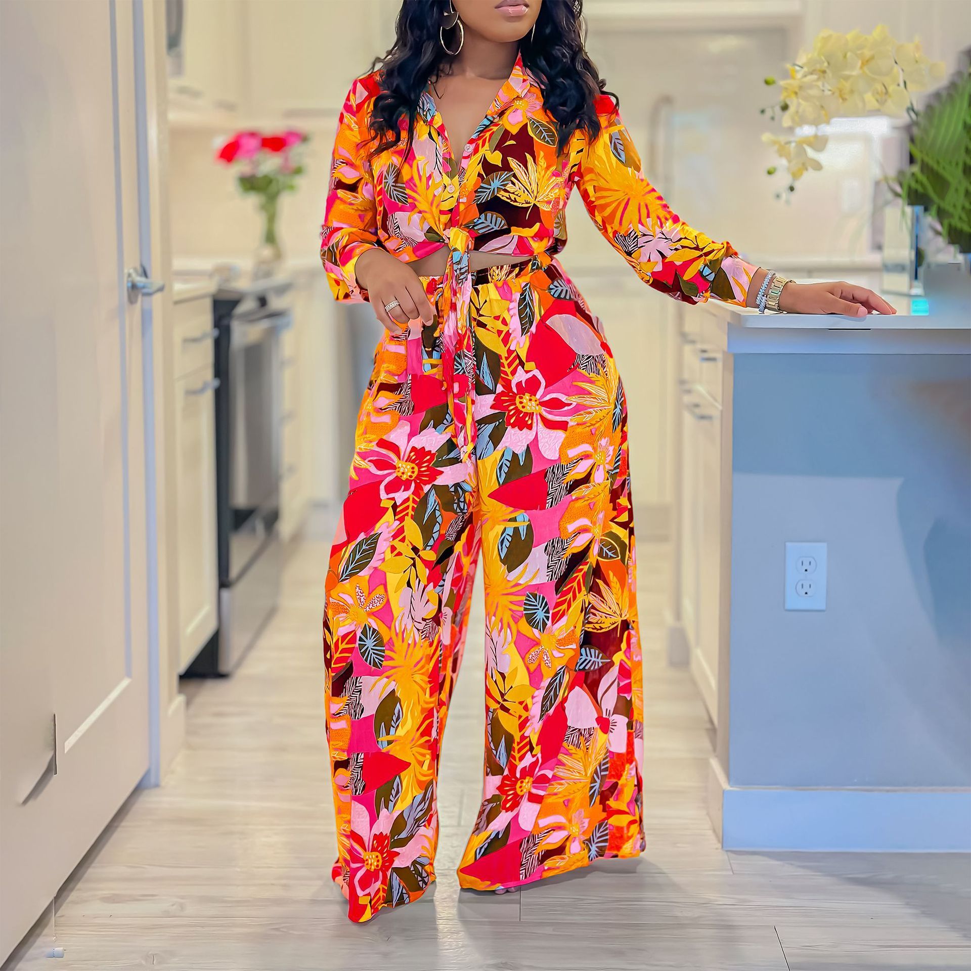 Lapel Lace-up Shirt Wide-leg Pants Suit null