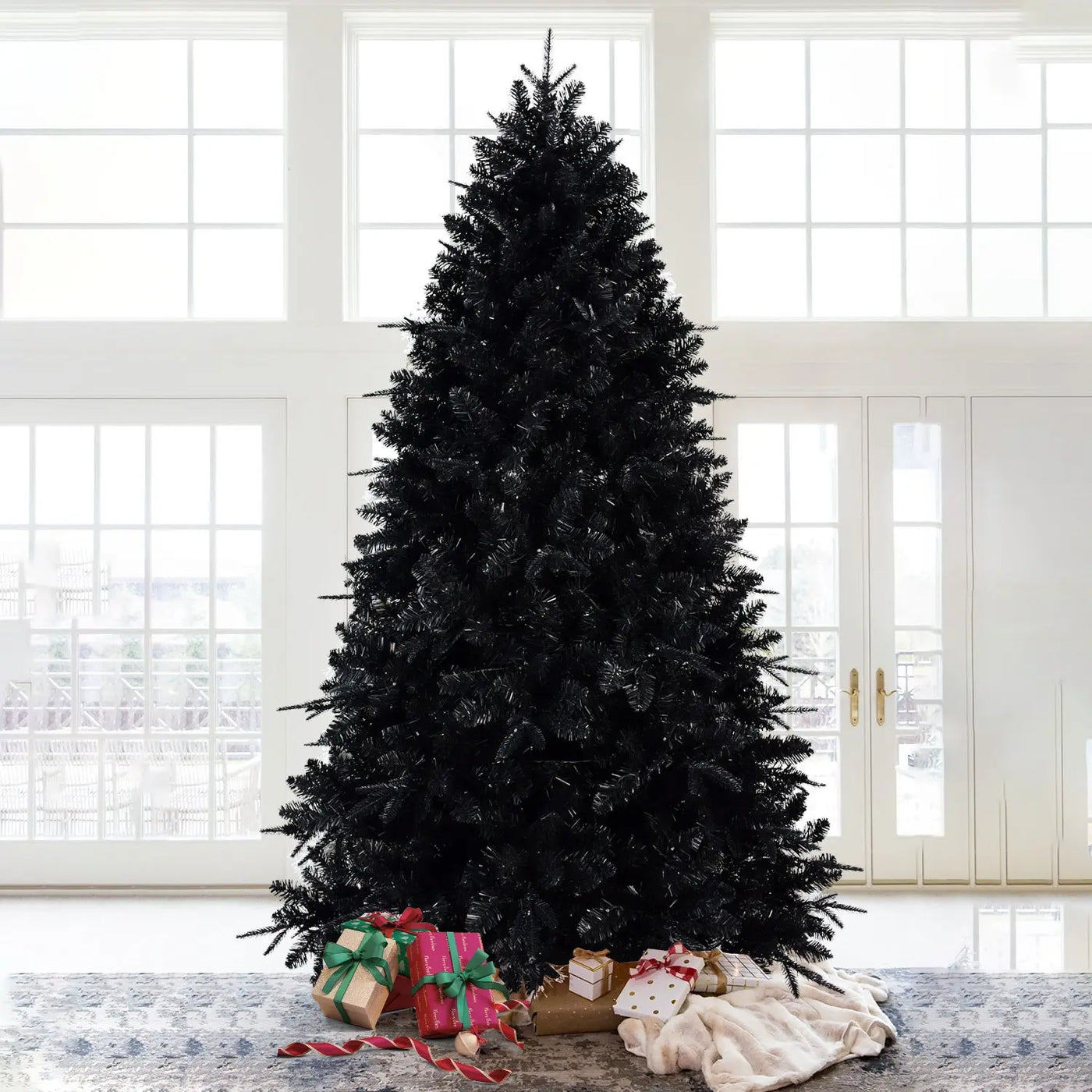 Prelit Black Christmas Tree With White Lights Artificial Fake Christmas Tree With PE&PVC Branch Tips For Halloween And Xmas Tree For Holiday Decorations, Metal Stand And Hinged Branches null