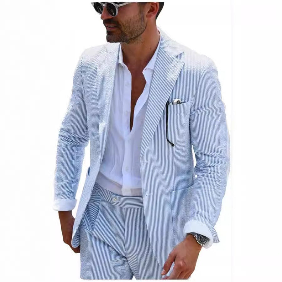 New Men's Seersucker Suit Two-piece Suit null