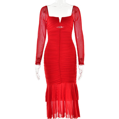 Ladies' Mesh Flounce Patchwork Long Dress null