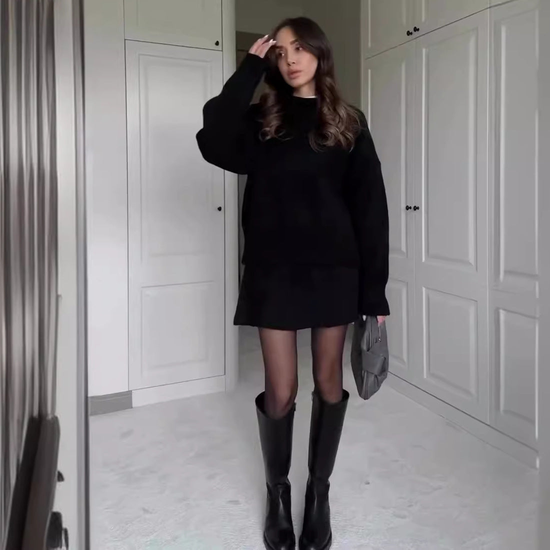 Sweater Skirt Sets For Women 2 Pieces Knit Casual Versatile Long Sleeve Pullover Elegant Solid High Waist Mini Skirt Outfit null