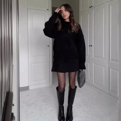 Sweater Skirt Sets For Women 2 Pieces Knit Casual Versatile Long Sleeve Pullover Elegant Solid High Waist Mini Skirt Outfit null