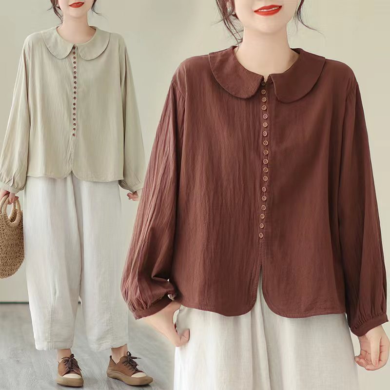 Women's Simple Doll Collar Cotton Linen Long Sleeve Blouse null