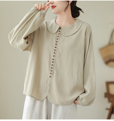 Women's Simple Doll Collar Cotton Linen Long Sleeve Blouse null