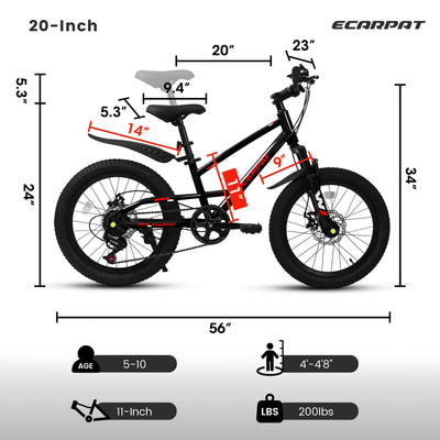 A20184 20 Inch Mountain Kids Bike For Boys & Girls, Ages 6-12, 7-Speed With Front Suspension null