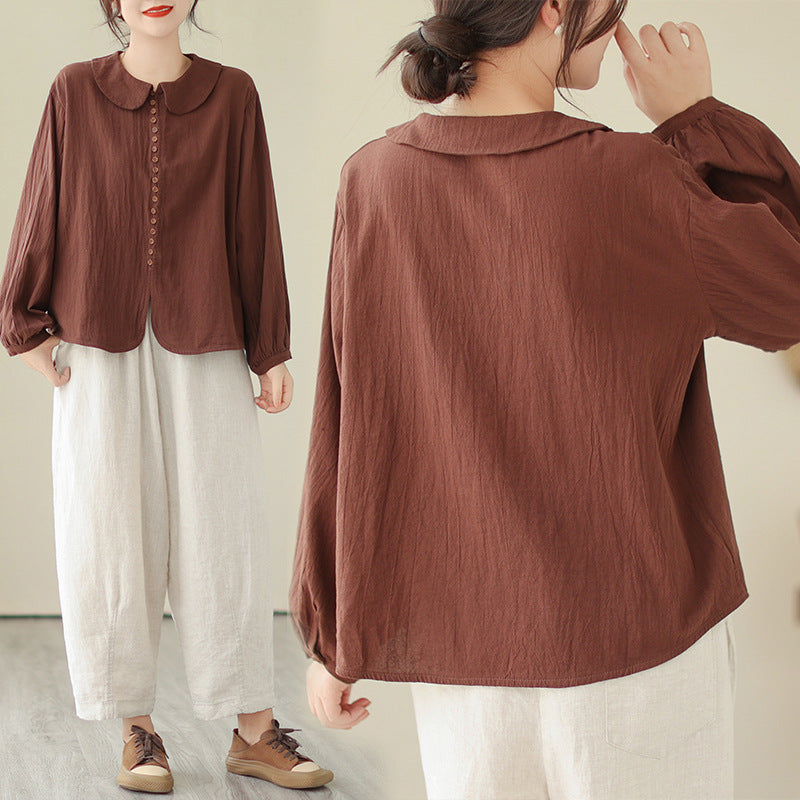 Women's Simple Doll Collar Cotton Linen Long Sleeve Blouse null