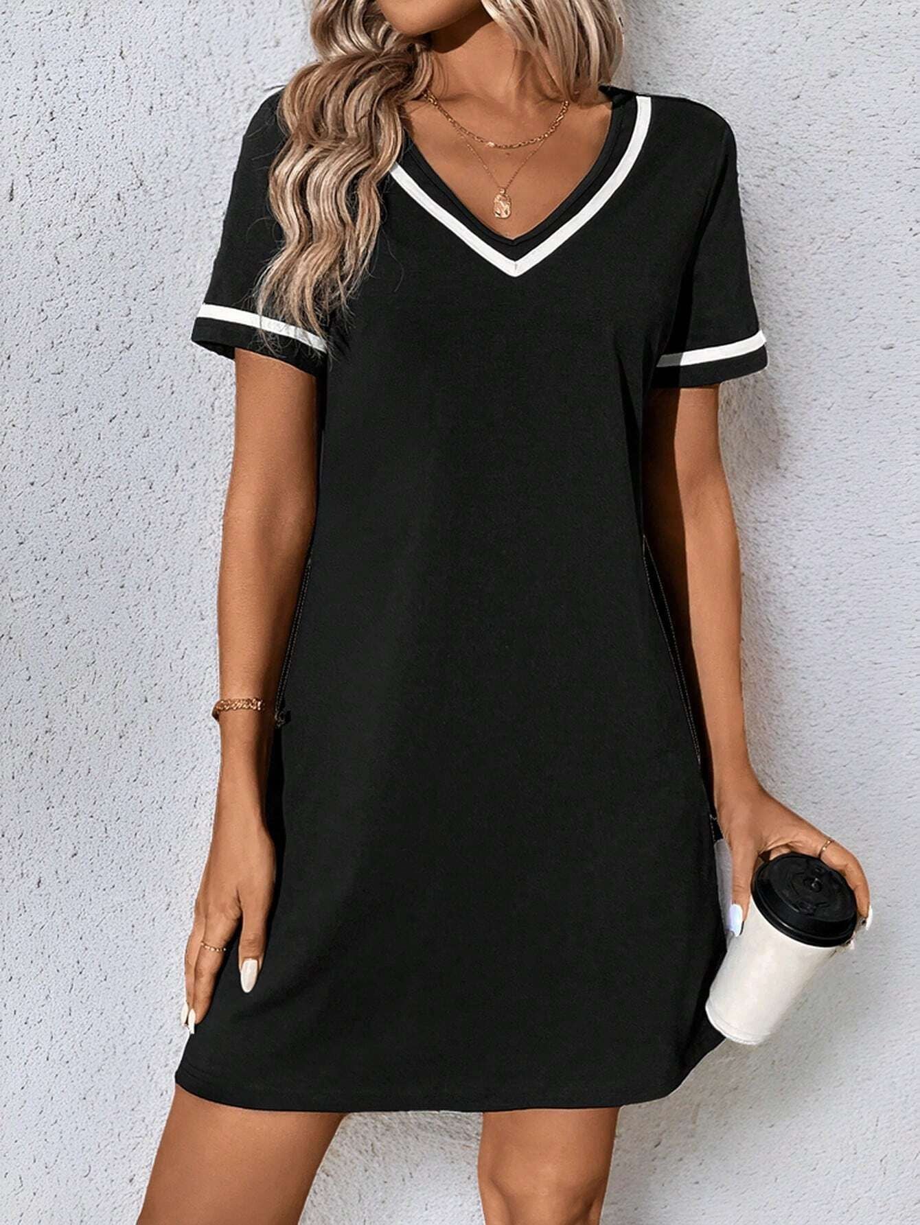 Women's Dress Black V-neck Casual Short Sleeve Dress null