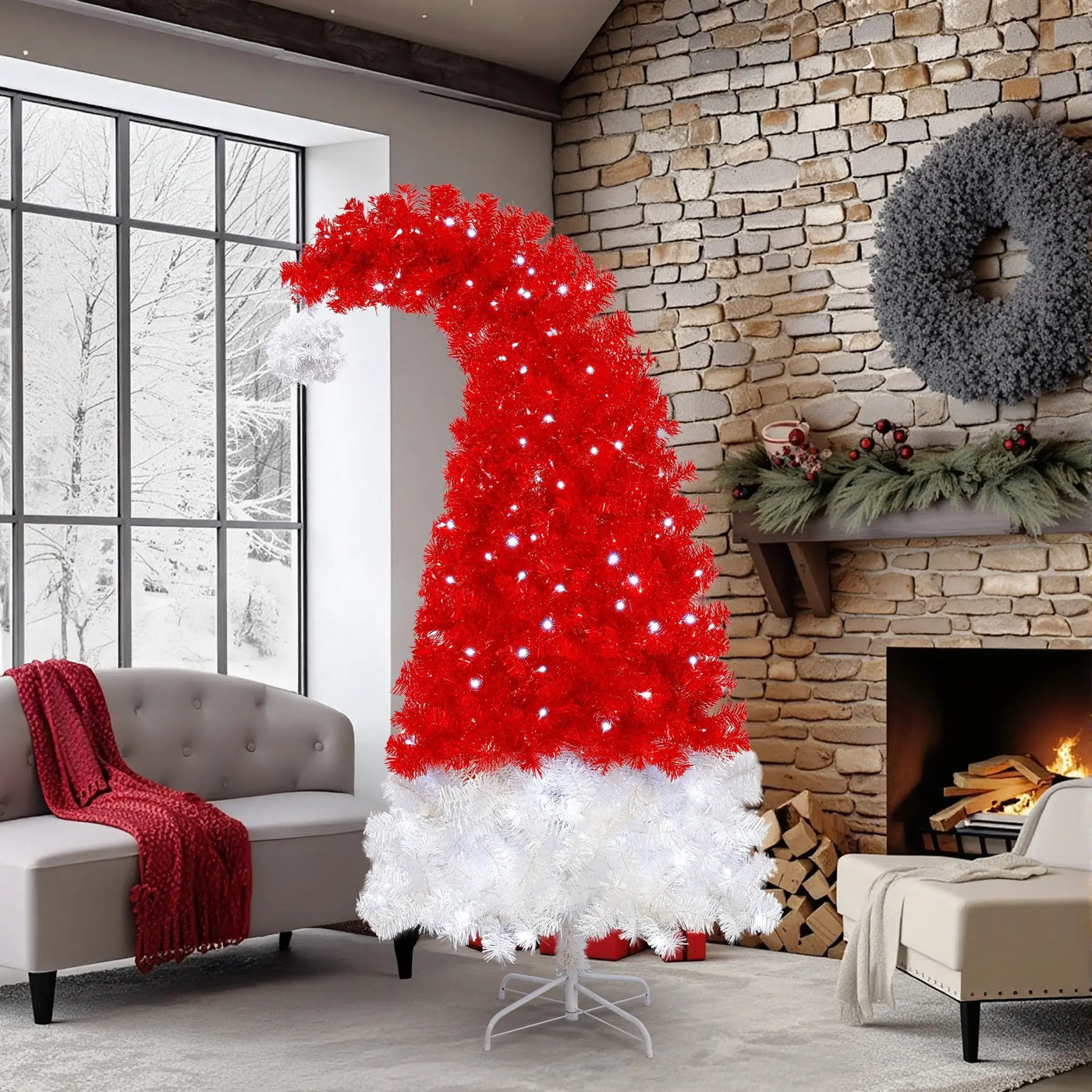 6FT Artificial Christmas Tree With LED Light, Santa's Hat Shape Artificial Whimsical Xmas Tree With 1050 Tip, Curved Xmax Tree null