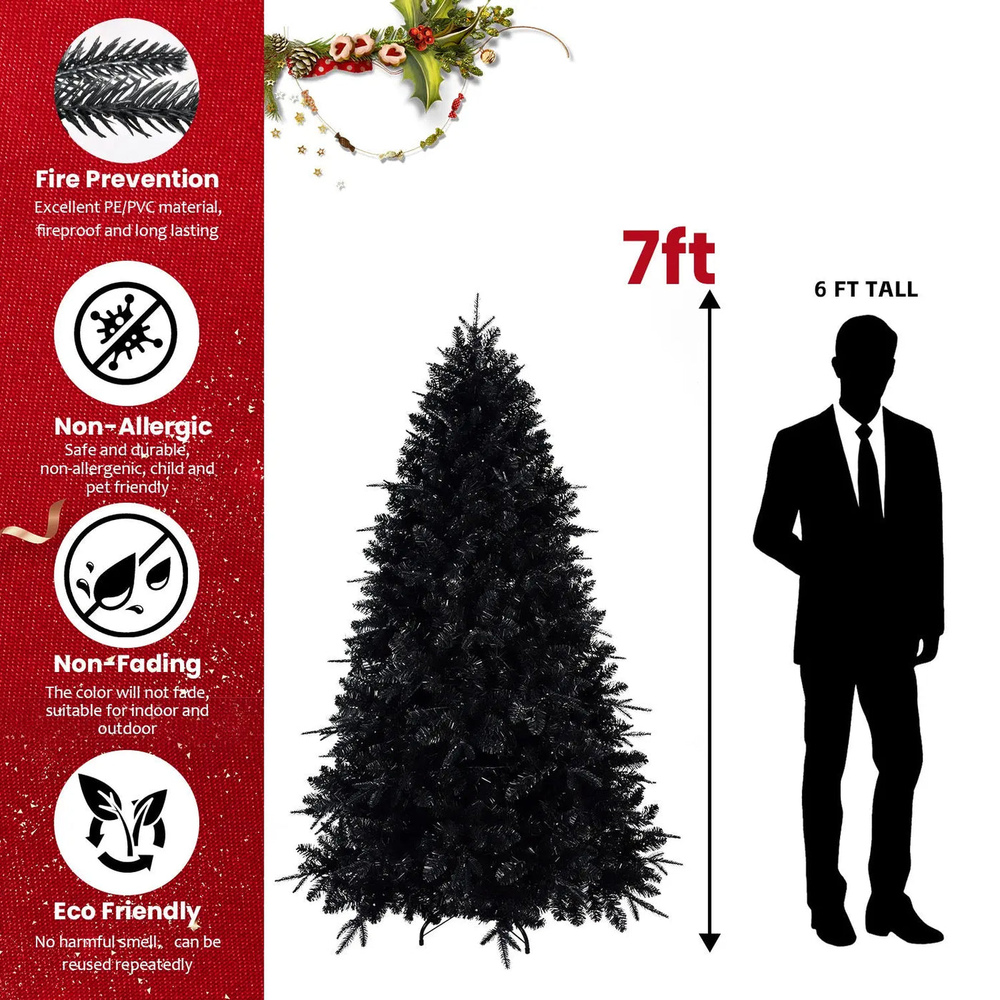 Prelit Black Christmas Tree With White Lights Artificial Fake Christmas Tree With PE&PVC Branch Tips For Halloween And Xmas Tree For Holiday Decorations, Metal Stand And Hinged Branches null