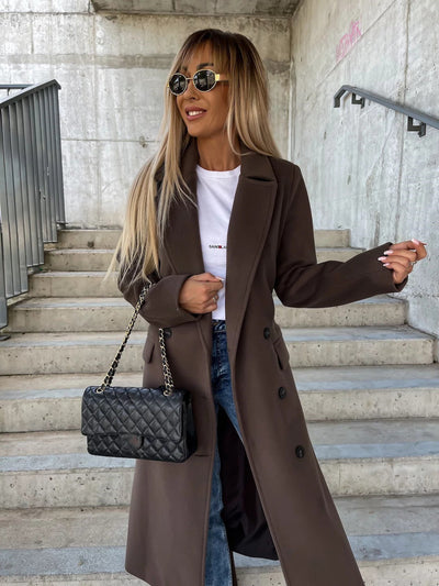 Double-breasted Lapel Split Jacket With Belt Winter Fashion Casual Long Sleeve Button Daily Coats For Women Clothing null