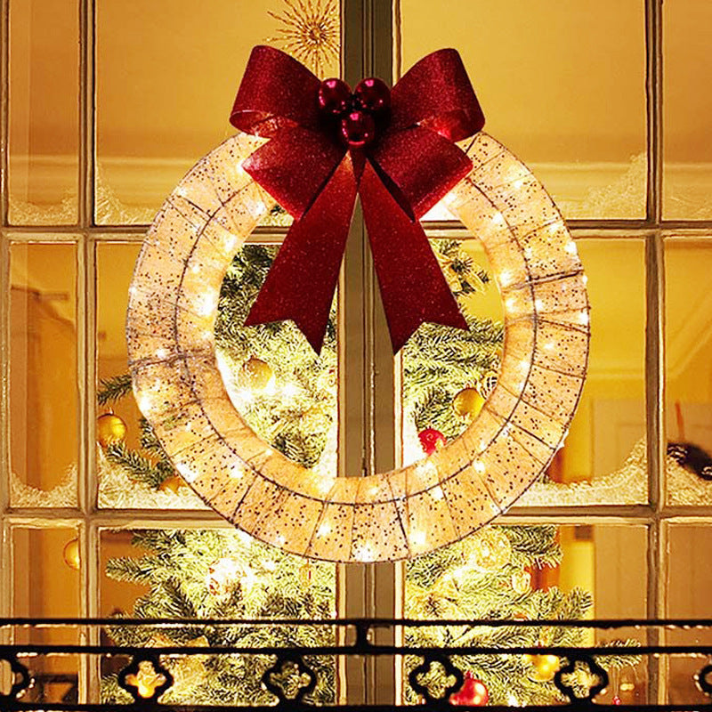 Christmas Garland 50CM Luminous LED Warm Light Metal Luminous Wreath With Big Bowknot Christmas Front Door Home Holiday Party Door Hanging Decor null