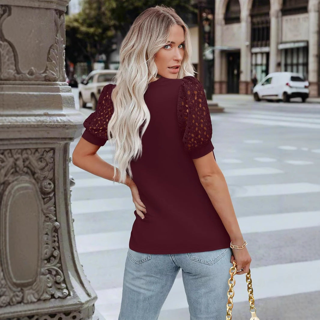 Round Neck Short Sleeve Loose T-shirt Lace Stitching Coat null