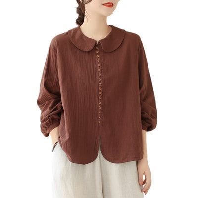 Women's Simple Doll Collar Cotton Linen Long Sleeve Blouse null