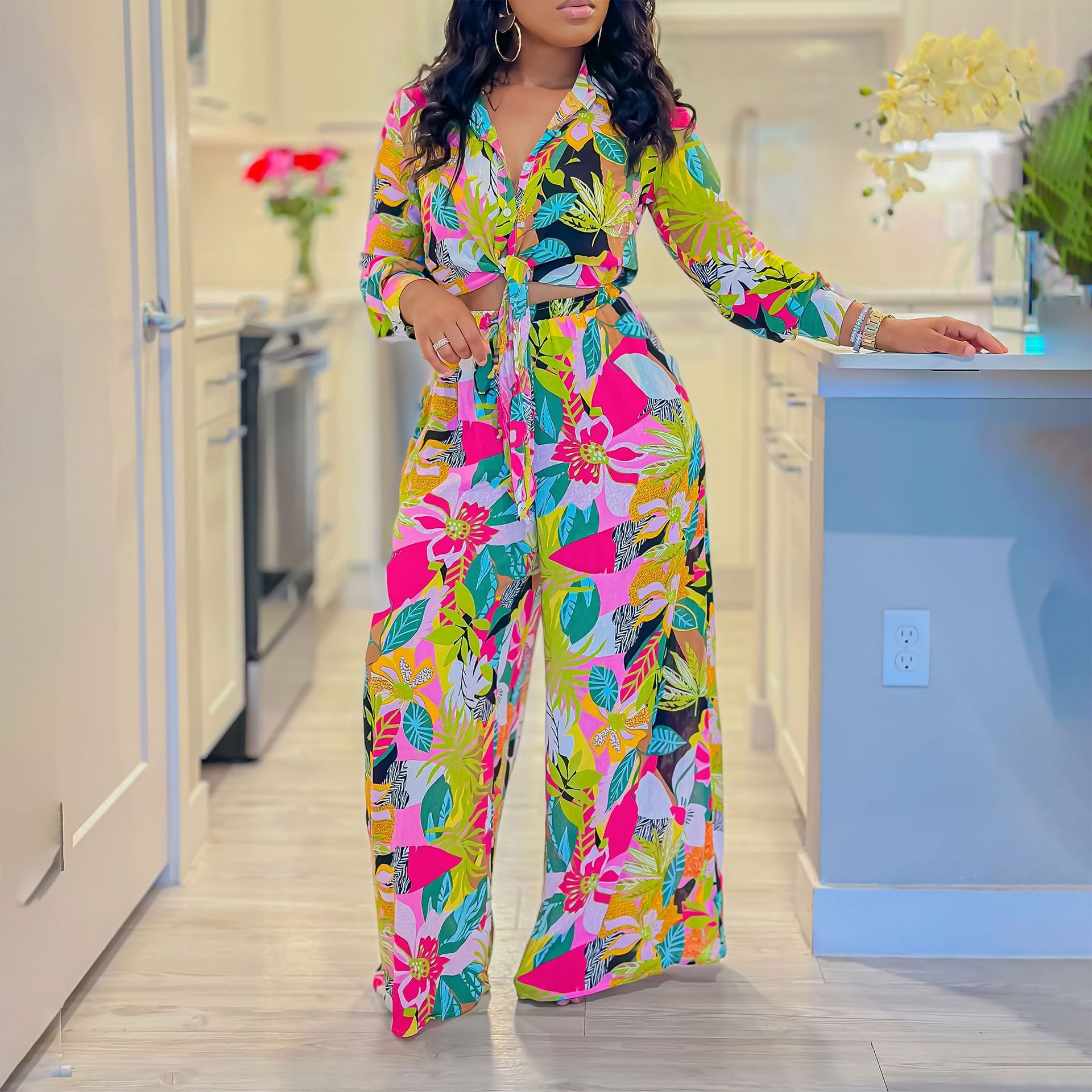 Lapel Lace-up Shirt Wide-leg Pants Suit null