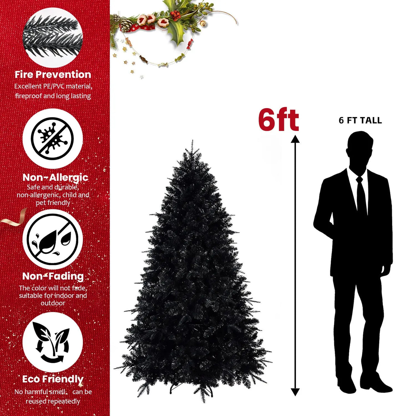 Prelit Black Christmas Tree With White Lights Artificial Fake Christmas Tree With PE&PVC Branch Tips For Halloween And Xmas Tree For Holiday Decorations, Metal Stand And Hinged Branches null