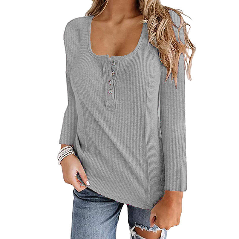 Button Solid Color Long-sleeved Top Female null