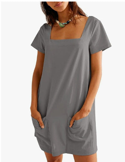 Women's Square Collar Short Sleeve Fashion Short Skirt Pocket Casual Dress null