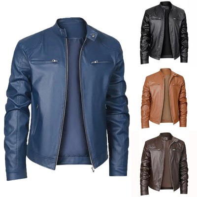Men's Stand-up Collar Slim Fit Leather Jacket Zipper Pocket Decoration null