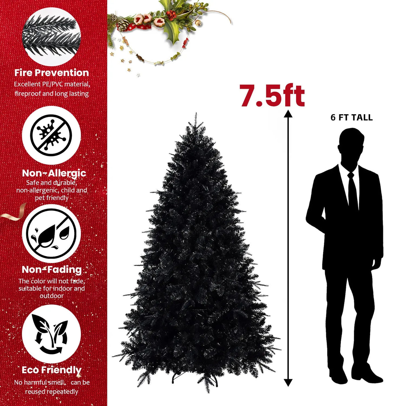 Prelit Black Christmas Tree With White Lights Artificial Fake Christmas Tree With PE&PVC Branch Tips For Halloween And Xmas Tree For Holiday Decorations, Metal Stand And Hinged Branches null