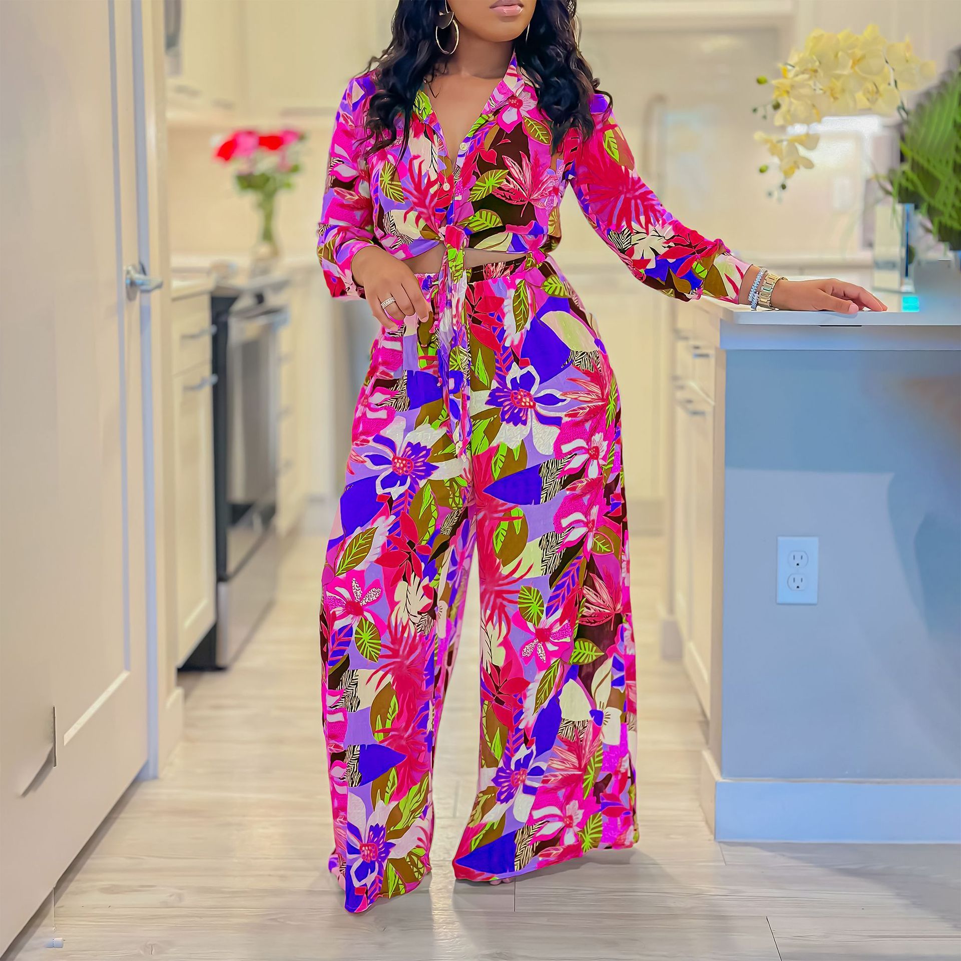 Lapel Lace-up Shirt Wide-leg Pants Suit null