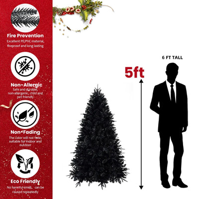 Prelit Black Christmas Tree With White Lights Artificial Fake Christmas Tree With PE&PVC Branch Tips For Halloween And Xmas Tree For Holiday Decorations, Metal Stand And Hinged Branches null