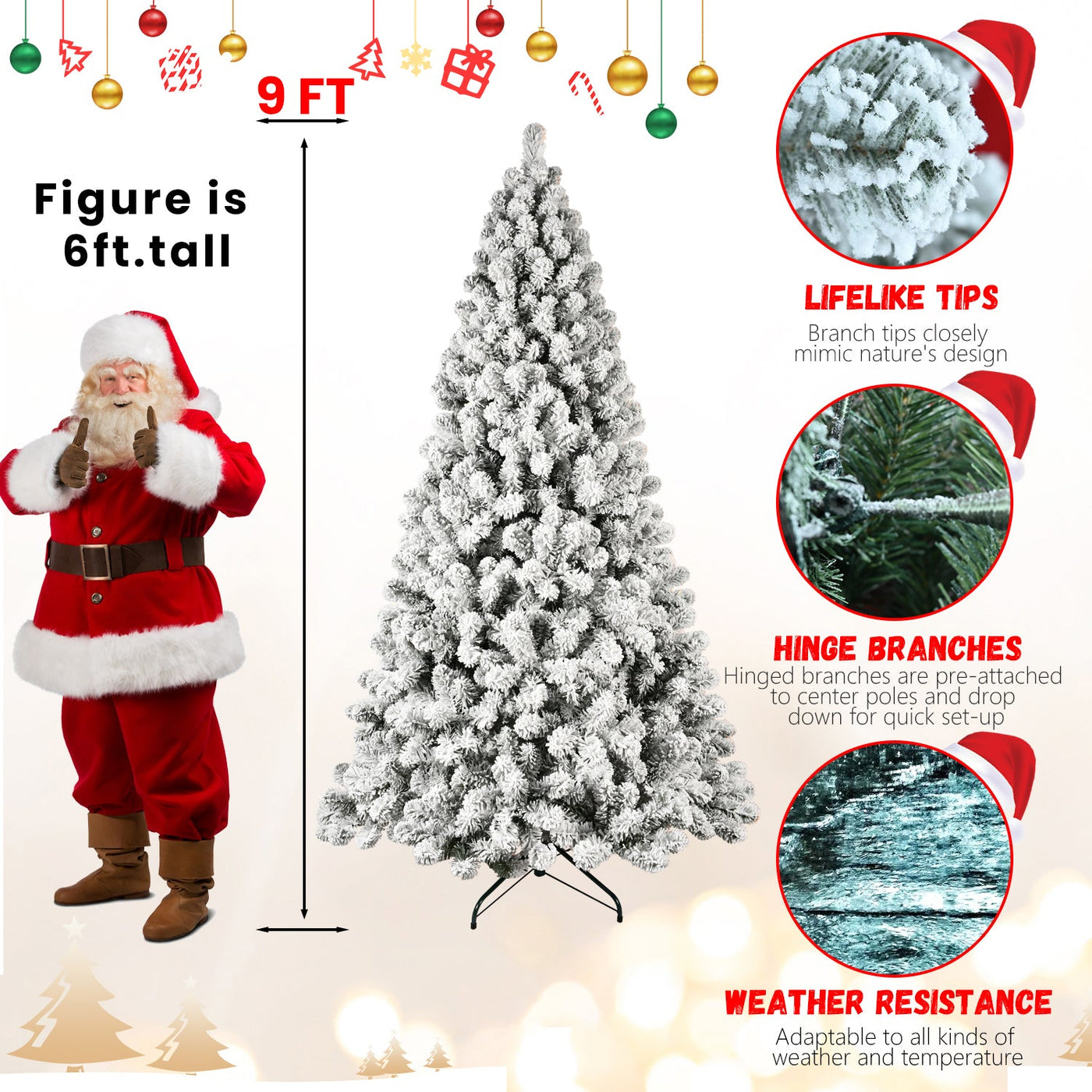 5ft 6ft 8ft 9ft Pre-Lit Flocked Christmas Tree Hinged Artificial Xmas Trees Premium PVC Branches With Lights null